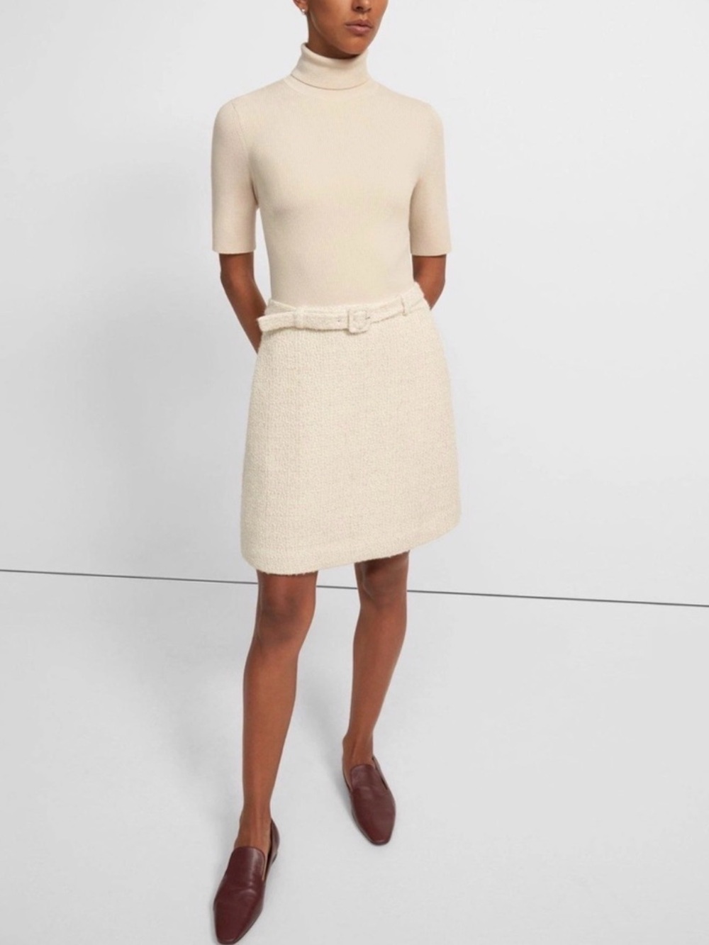 Theory Women’s Sz S Cream Turtleneck Neutral Minimalist Belted Mini Dress